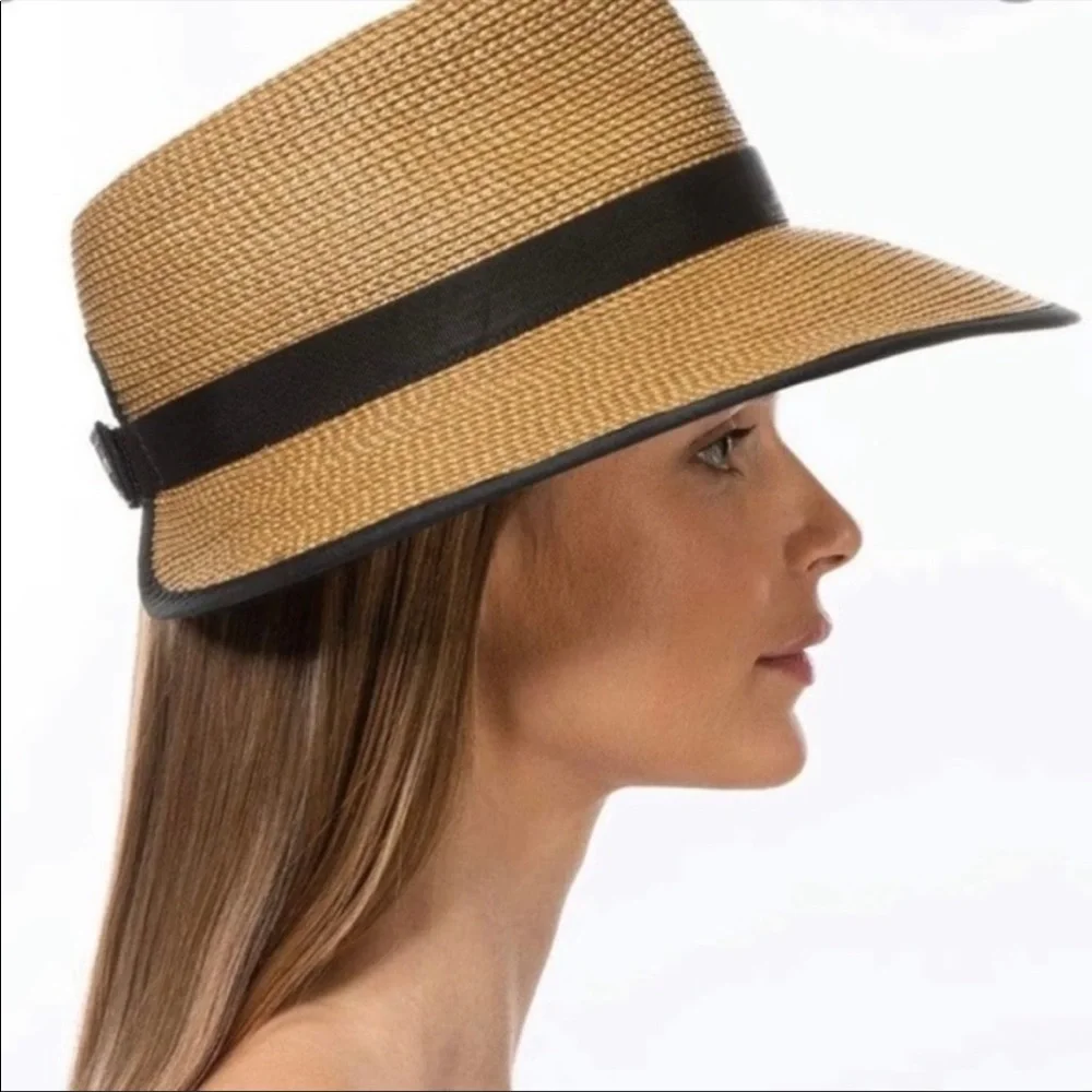 Eric Javits Wide-Brim Straw Sun Hat with Black Trim - Picture 2 of 10